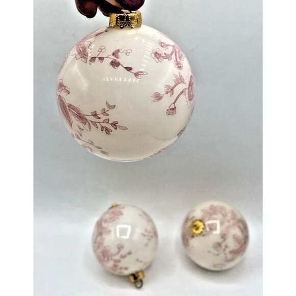 Vintage Pink Toile Glass Christmas Ornaments Gold Trim Lot of 3 Shabby Chic Tree - Picture 1 of 16
